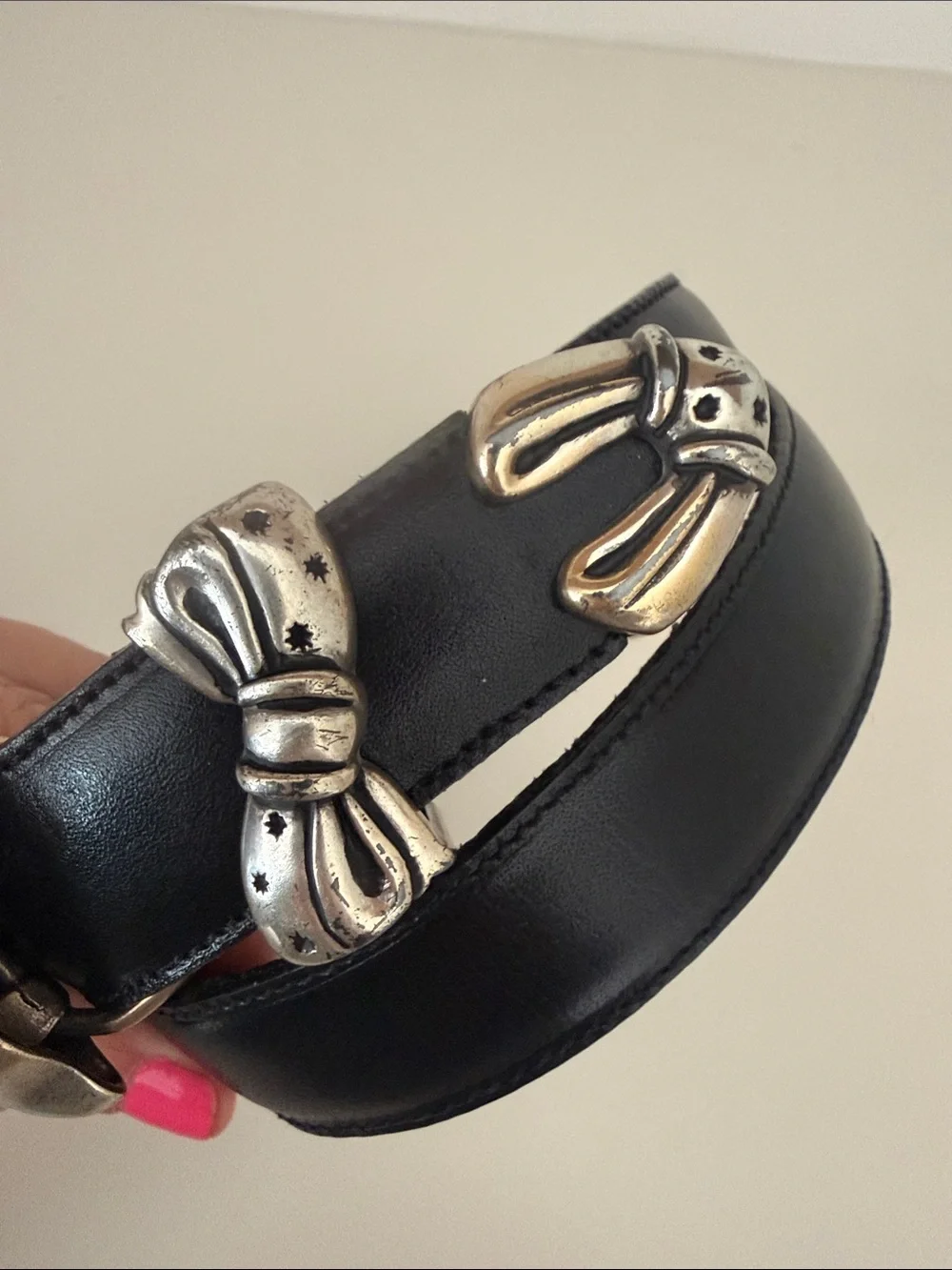 Brighton Leather Belt with Heart and Bow Buckle Black and Silver Vintage Size M